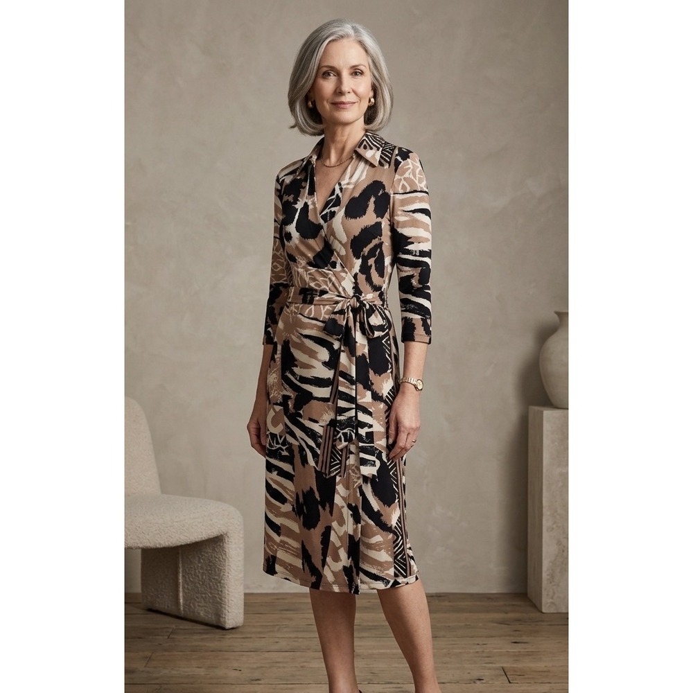 Diane von Furstenberg Justin Silk Wrap Dress Tan Black Abstract Print Size 10